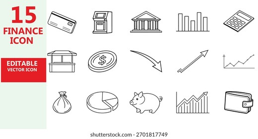 Finance Line Art Vector Icon Set – Money, Banking, Investment, and Business Outline Symbols