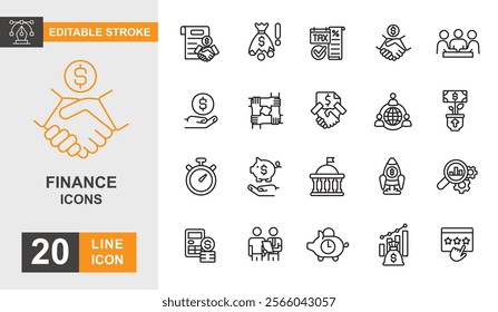 Finance line editable icon set. Currency, growth, investment, balance, banking and more line icons