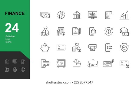 Finance Line Editable Icons set. Vector illustration in modern thin line style of money and finance operations: currency exchange, savings, operations with bank cards. Pictograms and infographic.