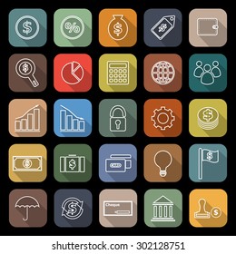 Finance line flat icons with long shadow, stock vector