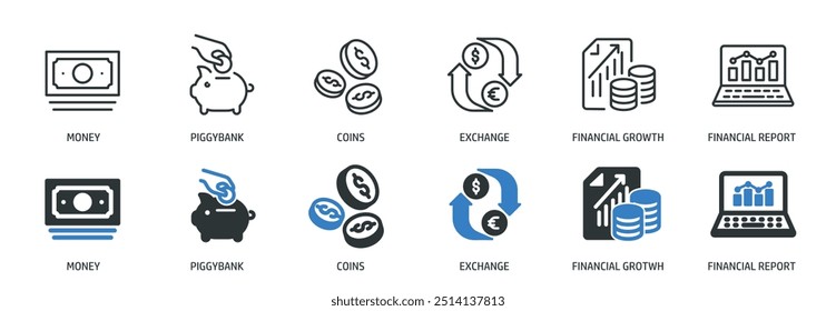 Coleção de ícones sólidos de linha financeira e glifo. Ilustração de vetor de série de símbolos e ícones mínimos