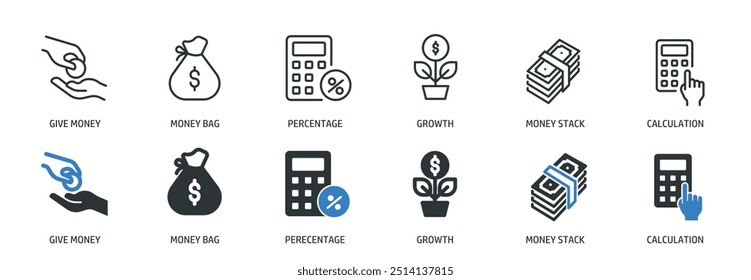 Finance line and glyph solid icons collection. Minimal icon and symbol series vector illustration