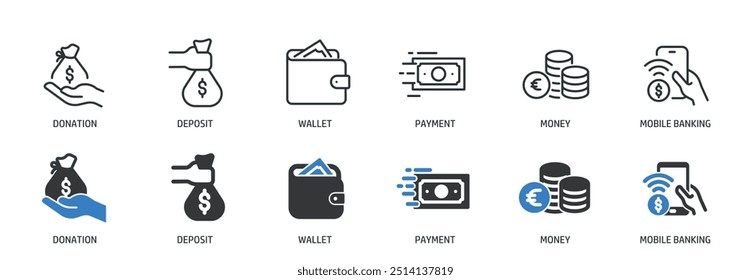 Coleção de ícones sólidos de linha financeira e glifo. Ilustração de vetor de série de símbolos e ícones mínimos