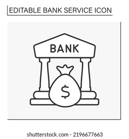  Finance line icon. Bank building. Money bag. Savings for future.Banking concept. Isolated vector illustration. Editable stroke