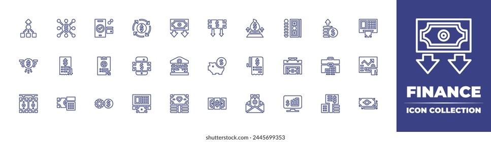 Finance line icon collection. Editable stroke. Vector illustration. Containing money box, finance report, money, money laundering, atm, online transfer, poker chips, economy, bribe, bank, invoice, low