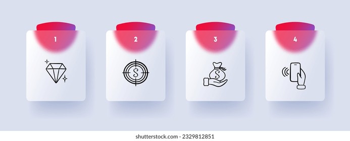 Symbol der Finanzlinie. Diamant, Ziel, Geldbeutel, Online-Zahlung, nfs, Sparen. Pastellfarbener Hintergrund. Vektorliniensymbol