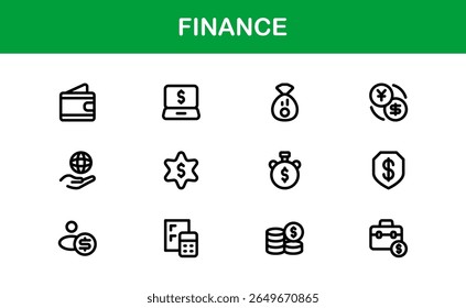 Pacote de Ícones de Linha Financeira - Limpar, Ícones de Estrutura de Tópicos Mínimos para Operações de Investimento, Moeda, Seguros, Bancárias e Negócios Econômicos