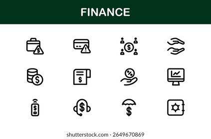 Paquete de iconos de línea financiera: iconos de contorno limpios y mínimos para inversiones, divisas, seguros, banca y operaciones comerciales económicas