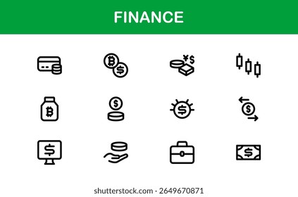 Symbolpaket für die Finanzzeile - Saubere, minimale Umrisssymbole für Investitionen, Währungen, Versicherungen, Banken und wirtschaftliche Geschäftsvorgänge
