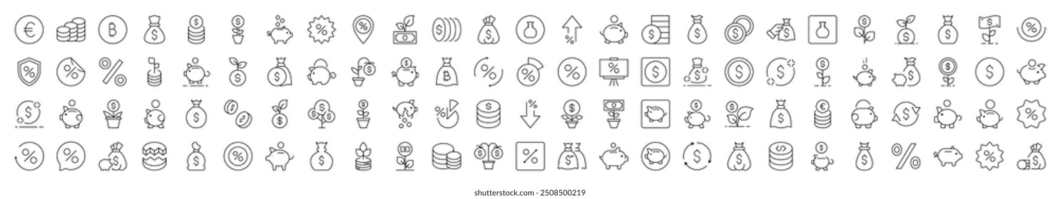 Finance Line Icon Pack. Modern Collection for Design, Web Sites, Apps, Cards. Contains Linear Images of Piggy Bank, Percent, Coin, Tree Money