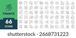 Finance Line Icon Set. Set of 66 outline icons including money, investment, budgeting, banking, loans, savings, and financial growth. Editable stroke. Linear vector illustration.