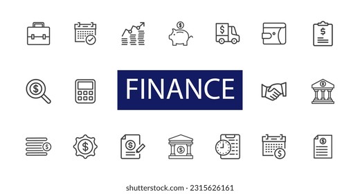 Juego de iconos de la línea de finanzas. Presupuesto, calculadora, dinero. Concepto de ilustración de vector de negocio