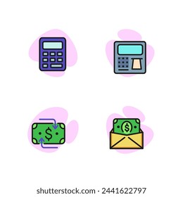 Finance line icon set. Calculator, cash machine, envelope with money. Can be used for topics like salary, exchange, payment, banking.