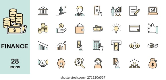 Conjunto de iconos de línea financiera. Ilustración vectorial de color
