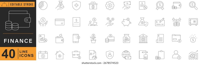Symbolsatz für Finanzposition. Enthält Geld, Geschäft, Zahlung, Auktion und mehr. Bearbeitbarer Strich, Vektorgrafik.	