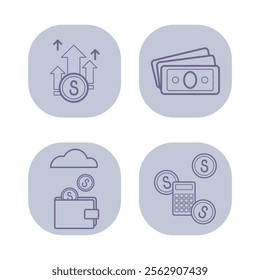 Finance line icon set. Dollar banknotes, wallet with money, calculator, income increase. Accounting and investment concept. Vector illustrations for web design and apps