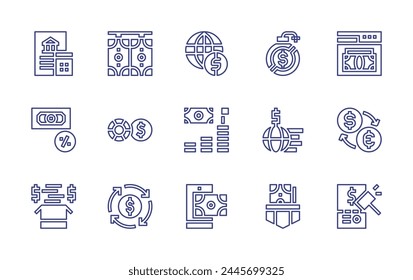Finance line icon set. Editable stroke. Vector illustration. Containing circular economy, interest rate, earning, pocket, earn money, economic, gdpr, poker chips, funding, currency exchange.