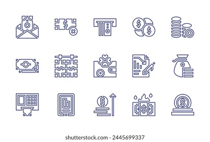 Finance line icon set. Editable stroke. Vector illustration. Containing bills, stats, money laundering, atm, wallet, budget, growth, coin, money, loss.