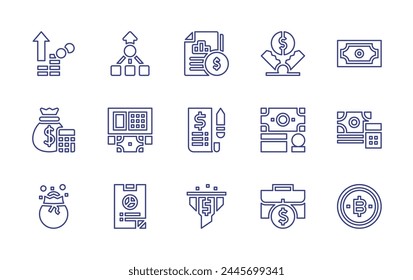 Finance line icon set. Editable stroke. Vector illustration. Containing money, financial statement, money bag, consolidate, stock, finance report, finance, bill, atm, filter, profit, trap.