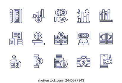 Conjunto de iconos de línea financiera. Trazo editable. Ilustración vectorial. Contiene finanzas, depósito, ganancia, gráfico de barras, libro de registro, riqueza, dinero, presupuesto, flujo de efectivo, inversor, insertar moneda, dinero, ahorros, moneda.