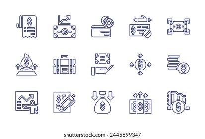 Finance line icon set. Editable stroke. Vector illustration. Containing money bag, coin stacks, finance, focus, case, payment, money, funding, growing, invoice, contract, increase, bank check.