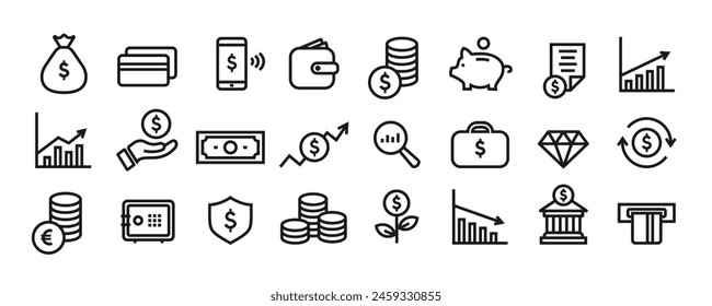 Finance - line icon set with editable stroke. Outline business and economy web icons. Money, bank, payment. Vector illustration.