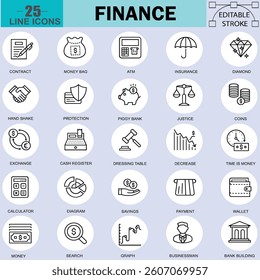 Finance Line Icon Set – Editable Stroke Vector Illustration. Includes Money, Banking, Investment, and Business Symbols. Pixel Perfect Design