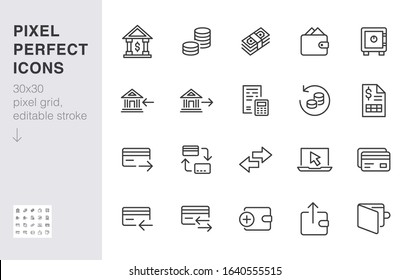 Finance Line Icon Set. Money Transfer, Bank Account, Credit Card Payment Cash Back Minimal Vector Illustration. Simple Outline Sign For Online Banking Application. 30x30 Pixel Perfect Editable Stroke.