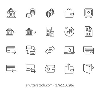 Finance Line Icon Set. Money Transfer, Bank Account, Credit Card Payment Cash Back Minimal Vector Illustration. Simple Outline Sign For Online Banking Application. Pixel Perfect Editable Stroke.