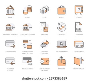 Juego de iconos de la línea de finanzas. Transferencia de dinero, cuenta bancaria, pago con tarjeta de crédito, devolución de efectivo, ilustración vectorial mínima. Simple señal de esquema para aplicación de banca en línea. Color naranja. Stroke Editable