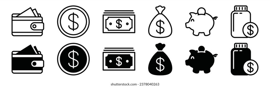 Finance line icon set. Money, Wallet, piggy bank, coin, money bag or box, savings icons symbol on white background. Vector illustration