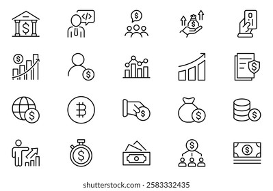 Finance line Icon Set. Sleek and intuitive icons for budgeting, saving, and investing, perfect for financial apps, tools, and websites to empower users in managing their money effectively.