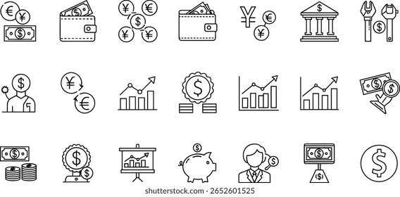 Conjunto de ícones da linha financeira. Pictogramas vetoriais de dinheiro, carteira, ferramentas bancárias, símbolos monetários, gráfico de investimento, serviços financeiros, mealheiro, dólar fino 