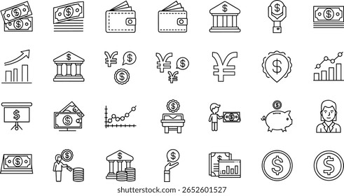 Conjunto de ícones da linha financeira. Pictogramas vetoriais de dinheiro, carteira, ferramentas bancárias, símbolos monetários, gráfico de investimento, serviços financeiros, mealheiro, dólar fino 