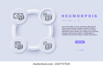 Finance line icon. Wealth building, systematic deposits, plus, minus, coin, bill, dollar. Neomorphism style. Vector line icon for business and advertising