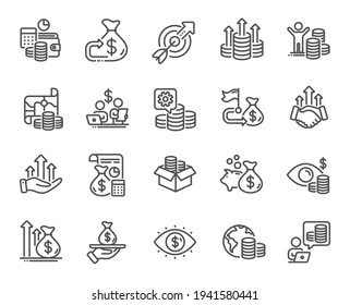 Finance line icons. Accounting coins, Budget Investment, Trade Strategy icons. Finance management, Budget gain and Business asset. Money economy, Loan in dollars and Treasure map. Vector