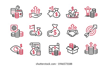 Finance line icons. Accounting coins, Budget Investment, Trade Strategy icons. Finance management, Budget gain and Business asset. Money economy, Loan in dollars and Treasure map. Linear set. Vector