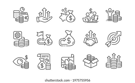 Finance line icons. Accounting coins, Budget Investment, Trade Strategy icons. Finance management, Budget gain and Business asset. Money economy, Loan in dollars and Treasure map. Linear set. Vector