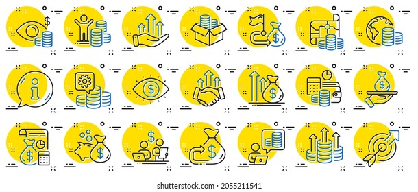 Finance line icons. Accounting coins, Budget Investment, Trade Strategy icons. Finance management, Budget gain and Business asset. Money economy, Loan in dollars and Treasure map. Vector