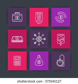 finance line icons, investments, financial management, investment analysis icons on squares, vector illustration