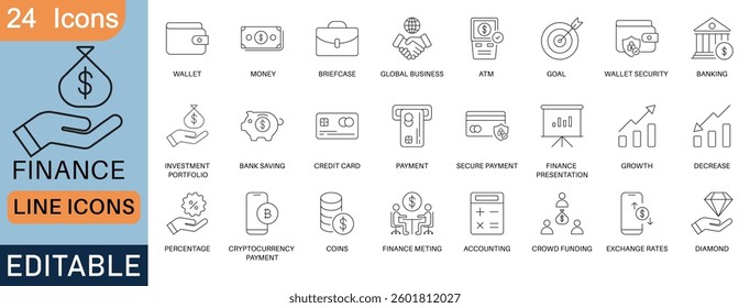 Finance line icons set with 24 editable vector icons, including banking, money, payment, cryptocurrency, investment, accounting, and business growth. Perfect for fintech, finance apps, and web design.