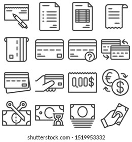 Finance line icons set. linear style symbols collection, outline signs pack. vector graphics. Set includes icons as invoice document, credit card, payment transaction, money exchange, bank cheque