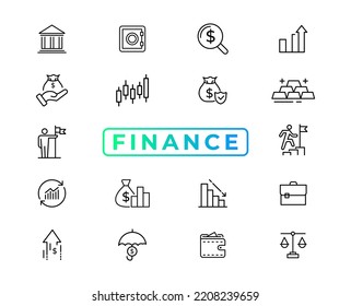 Finance line icons set. Money payments elements outline icons collection. Payments elements symbols. Currency, money, bank, cryptocurrency, check, wallet, piggy, balance, safe - stock vector.

