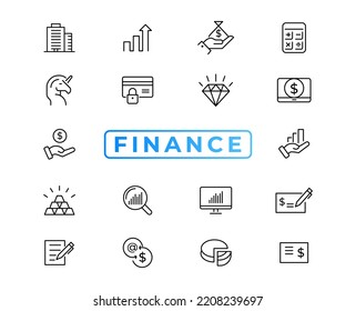 Finance line icons set. Money payments elements outline icons collection. Payments elements symbols. Currency, money, bank, cryptocurrency, check, wallet, piggy, balance, safe - stock vector.
