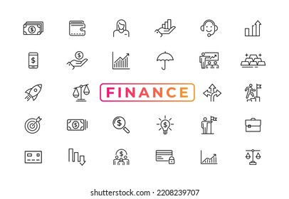 Finance line icons set. Money payments elements outline icons collection. Payments elements symbols. Currency, money, bank, cryptocurrency, check, wallet, piggy, balance, safe - stock vector.
