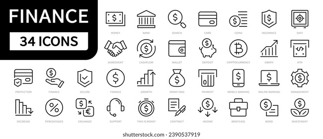 Juego de iconos de línea de finanzas. Icono de dinero. Finanzas, Pago, Dinero, Efectivo, Recaudación de trazo editable de tarjeta. Vector