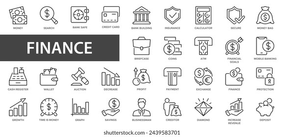 Finance line icons set. Money, finance, payments, wallet, piggy, bank, check line icon. Thin line style collection.