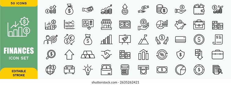 Finance line icons set. Money payments elements outline icons collection. Payments elements symbols. Currency, money, bank, cryptocurrency, check, wallet, piggy, balance, safe - stock vector