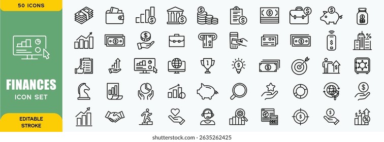 Finance line icons set. Money payments elements outline icons collection. Payments elements symbols. Currency, money, bank, cryptocurrency, check, wallet, piggy, balance, safe - stock vector