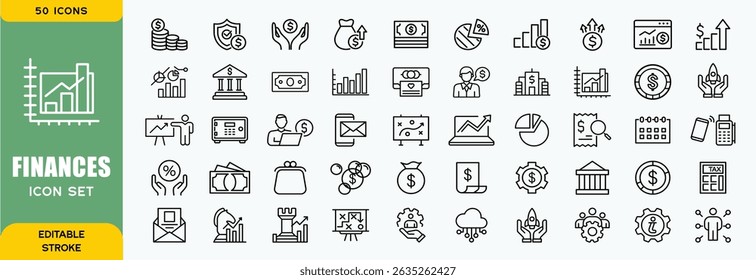 Finance line icons set. Money payments elements outline icons collection. Payments elements symbols. Currency, money, bank, cryptocurrency, check, wallet, piggy, balance, safe - stock vector